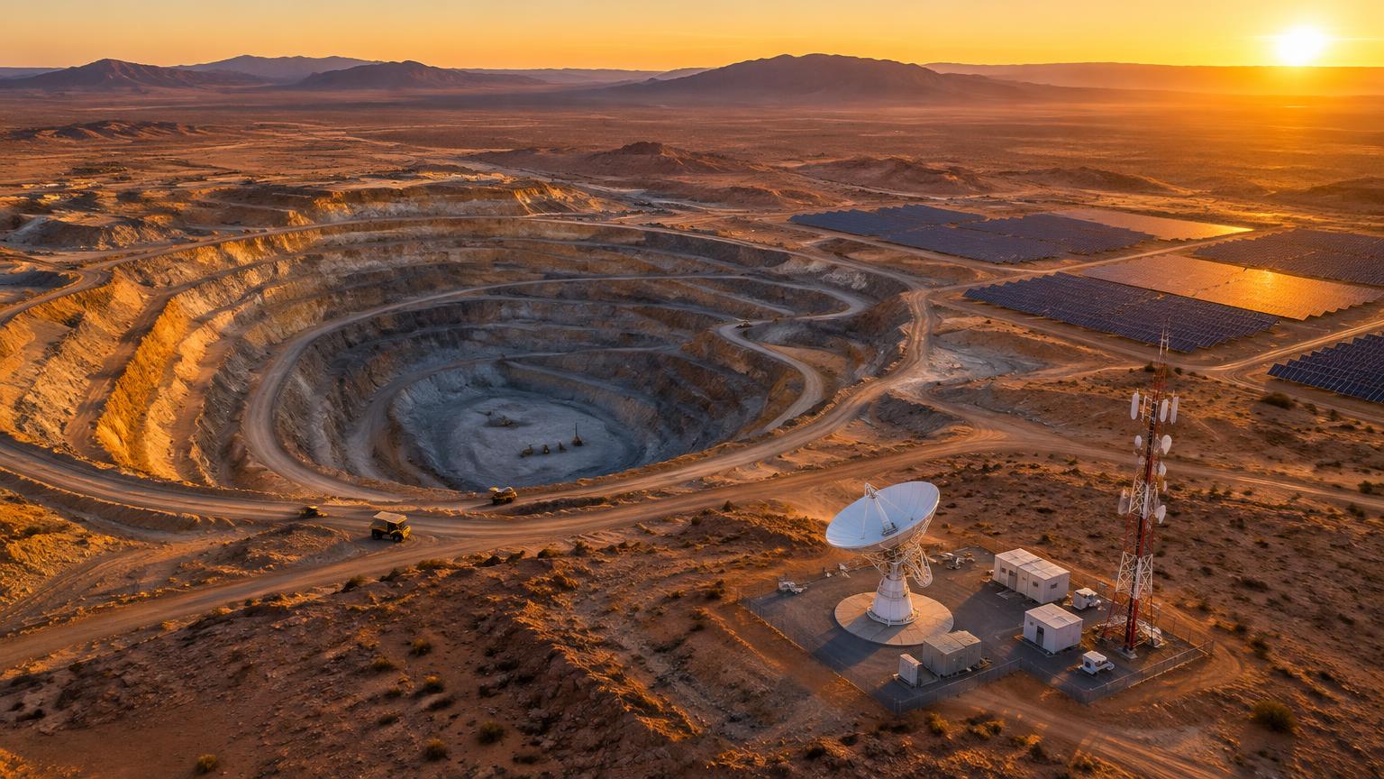 High-tech communication tower at a remote mining site in a desert landscape