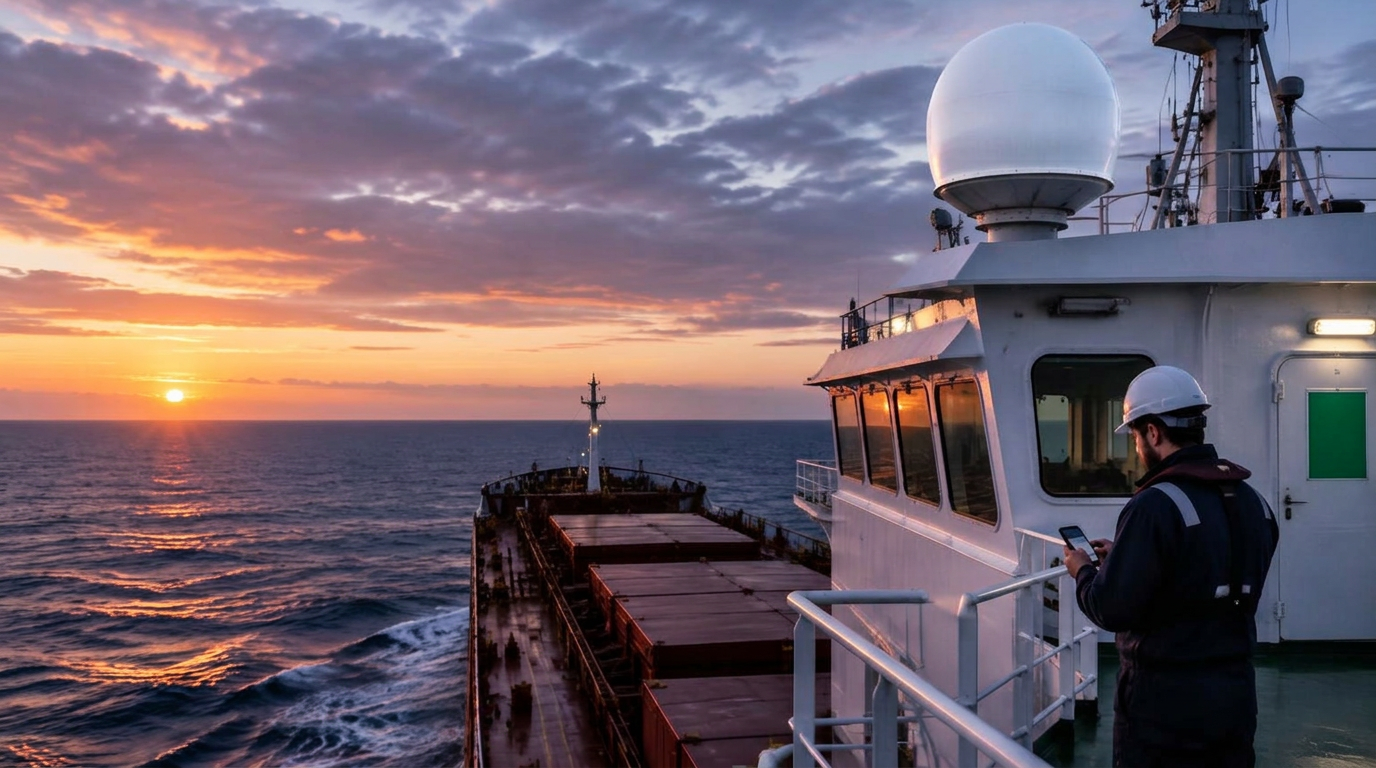 Seafarer using a laptop on a vessel with an ocean view.