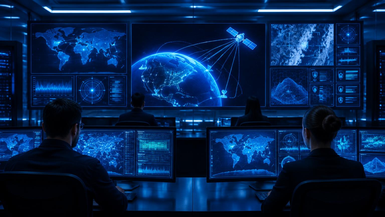 Digital representation of secure satellite communication links connecting a remote field office to a central hub.