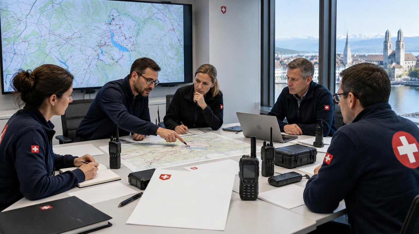 A team reviewing a large map and communication protocols in an emergency operations center