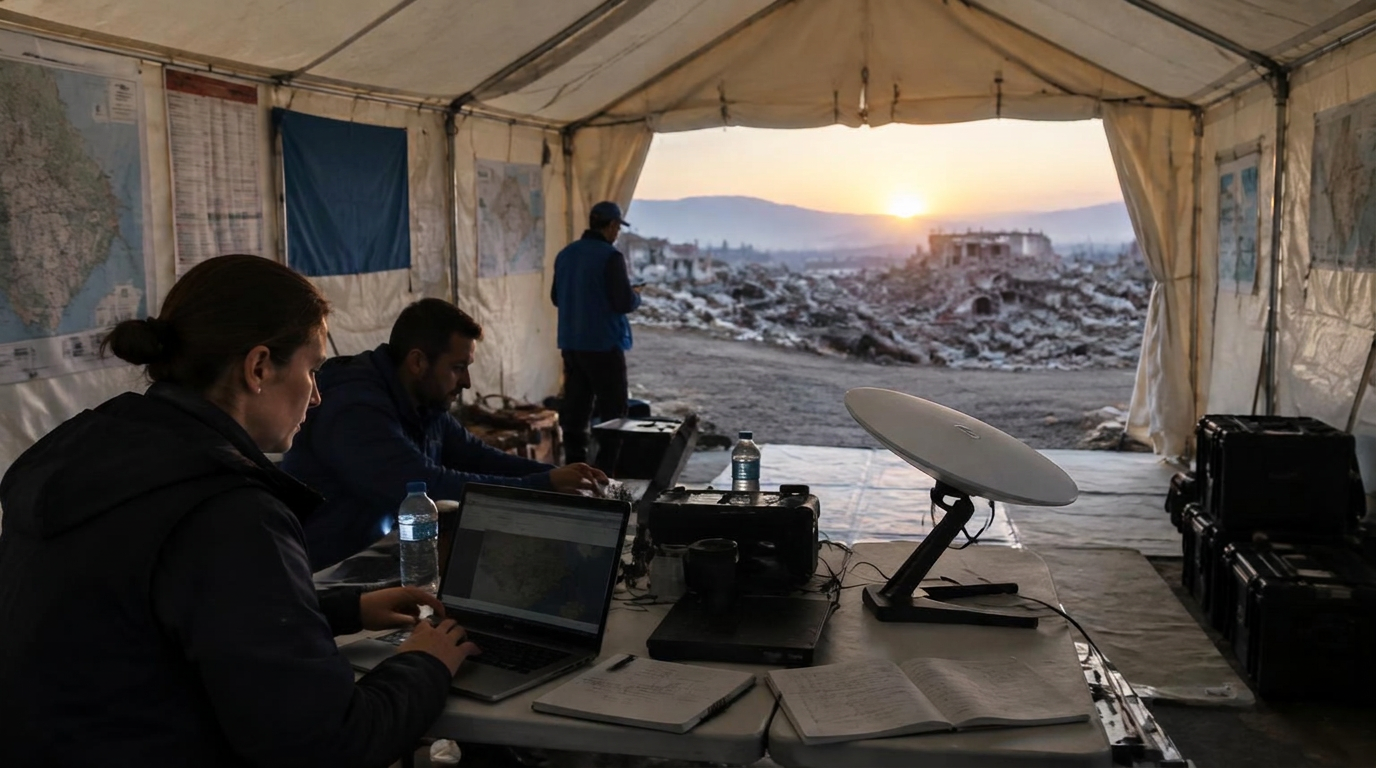 Emergency responders setting up a satellite terminal in a field amid debris