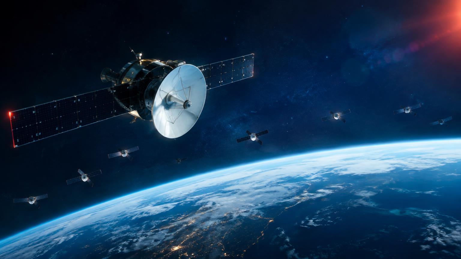Comparison diagram showing GEO satellites high above Earth and LEO constellations in lower orbit.