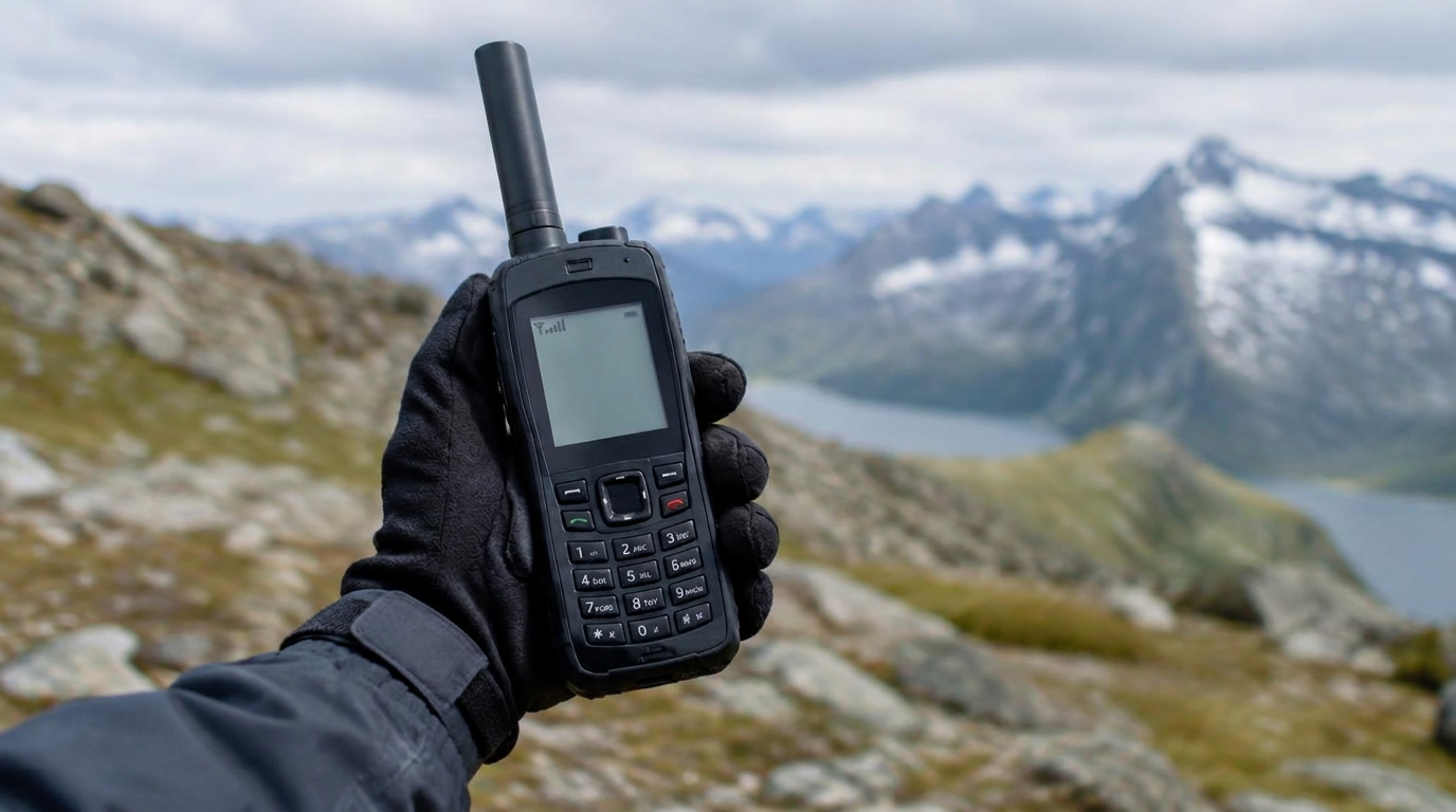 Professional holding a satellite phone in a rugged mountain environment