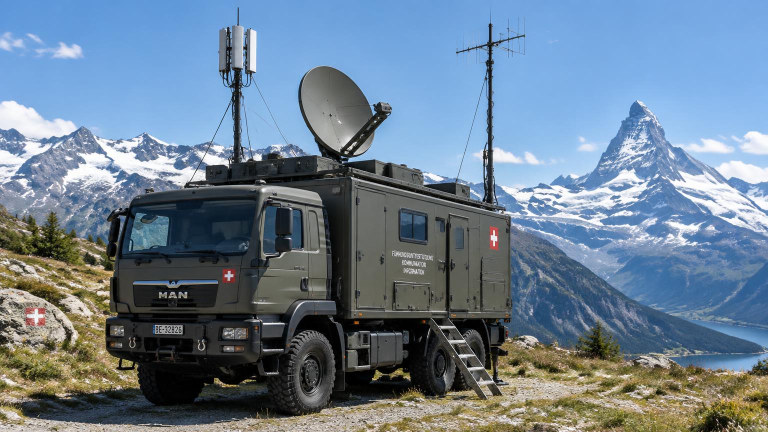 Field vehicle switching between satellite, cellular, and radio signals.