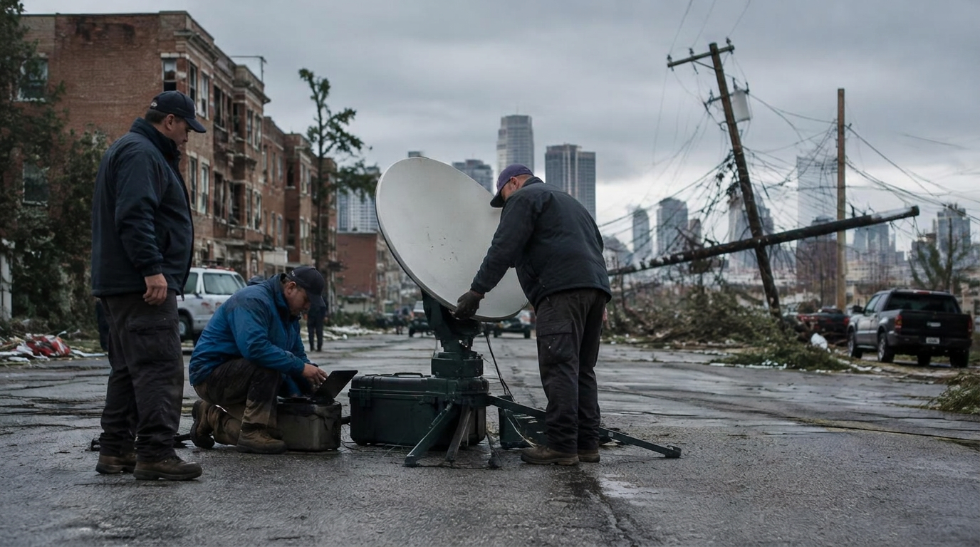 Technicians assessing a damaged cellular tower after a storm